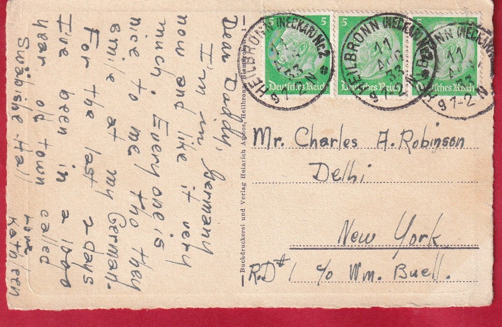 Germany 1933 church post card daughter Heilbronn to Charles A Robinson Delhi NY