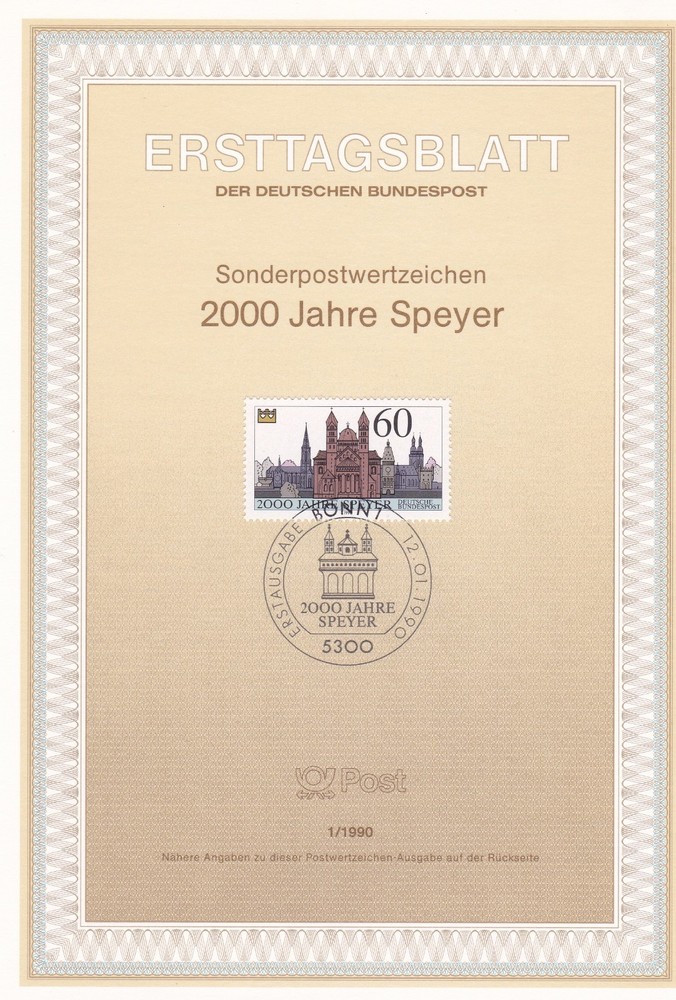 GERMANY 1990 FIRST DAY CARD / SPEYER 2000TH ANNIVERSARY / 60PF