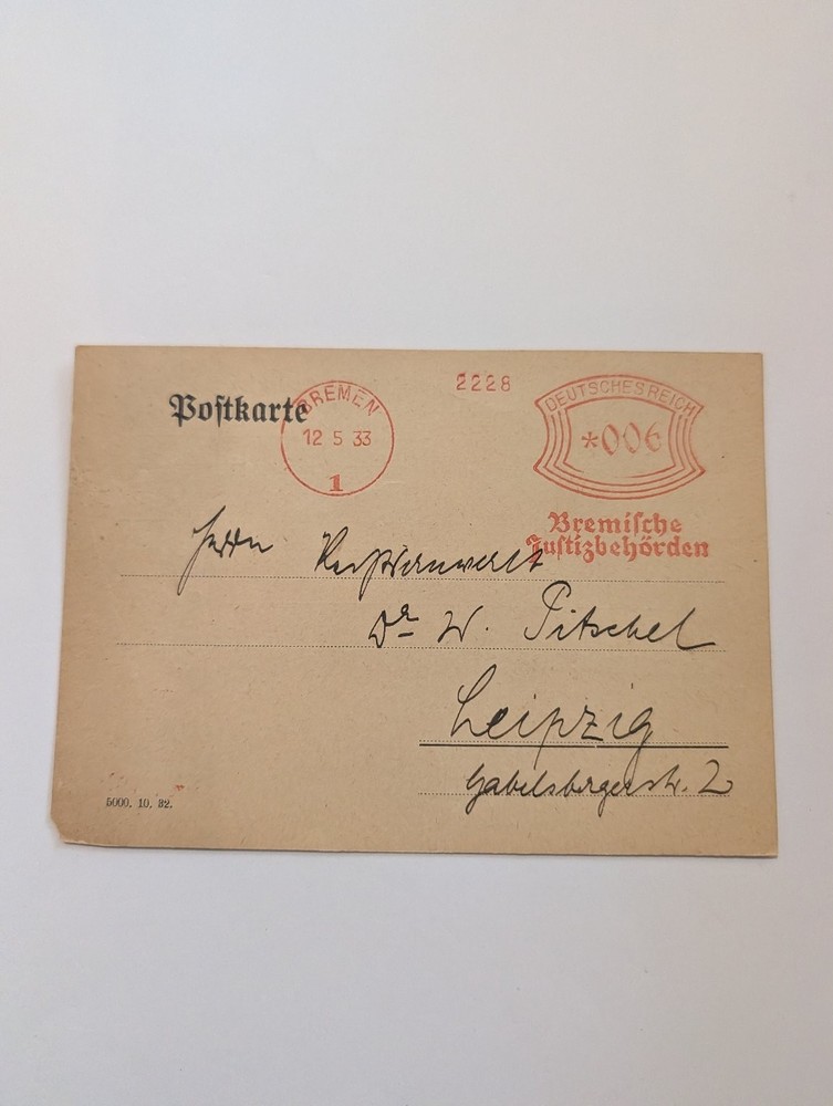 Germany Third Reich 1933 Official Postal Card Bremen Justice