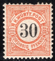Germany Wurttemberg Stamp Scott #64, 30pf, Orange & Black, MNH, SCV$4.00