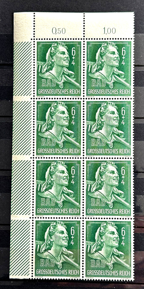 1944 German block of 8 Stamps with marg – RAD 6+4 rpf MNH Mint /BL136