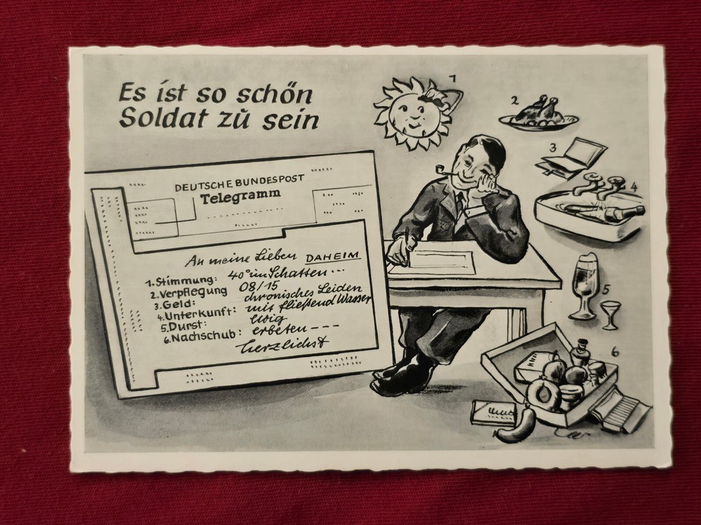 POST WW2 WWII OCCUPIED Germany Nice to be a Soldier Humor comic German Postcard