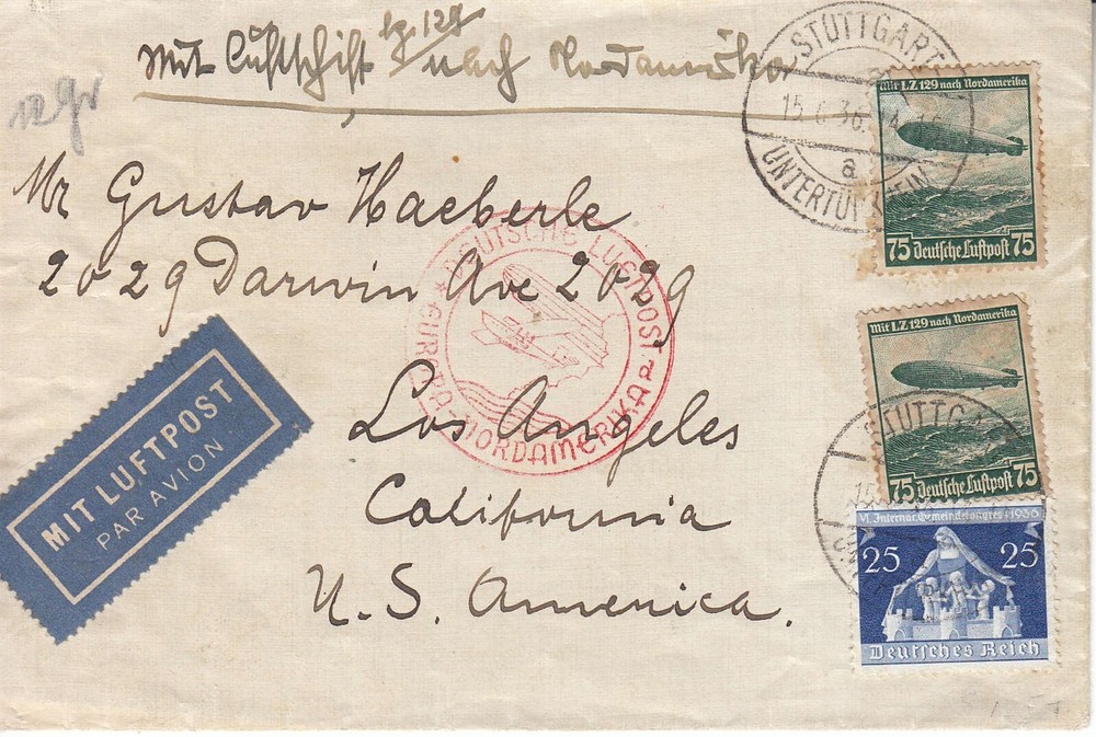 Covers Hindenburg 1936 Airmail Germany Los Angeles Stuttgard Flight Fascism