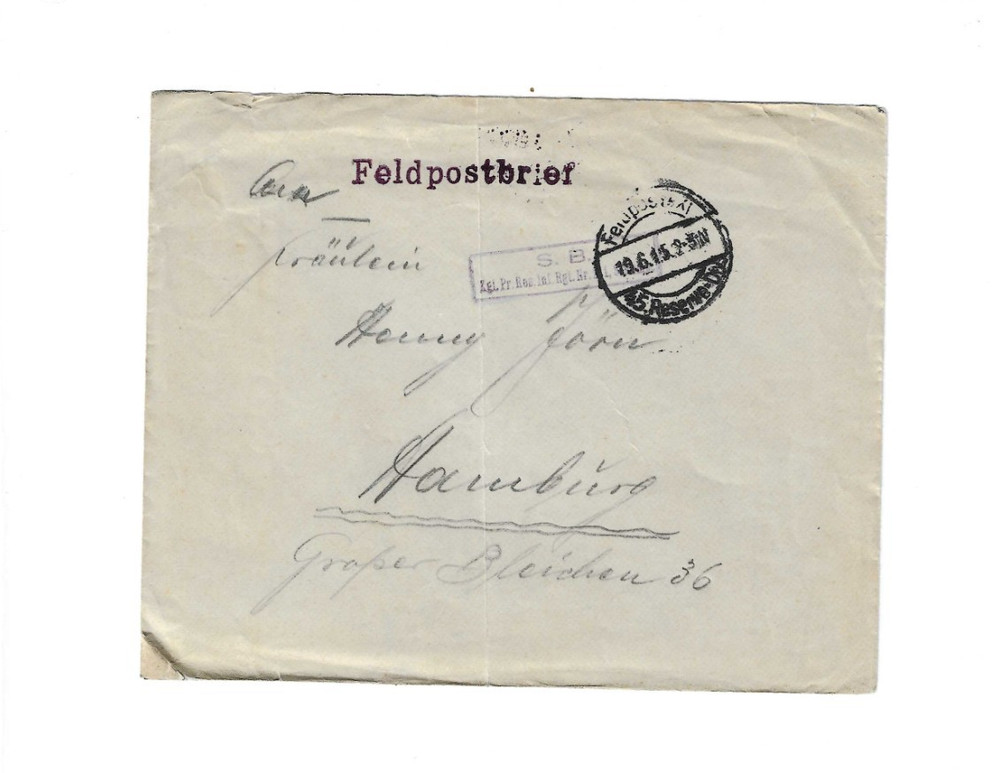 GERMANY 1915 Feldpost Cover sent to Hamburg – creased
