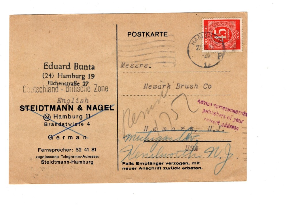 Germany Postwar 45p to USA 1947 Auxiliary & Forwarded Card ZB