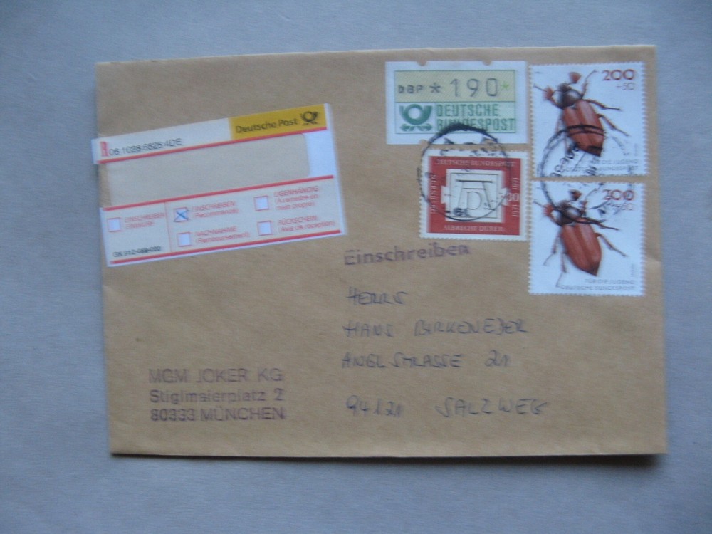GERMANY BRD, R-cover, mixed frankung ao 2x 2 DM beetle, insect