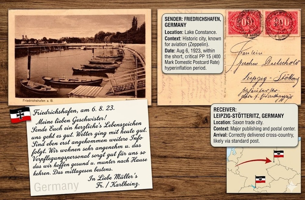 1923 Germany Hyperinflation Postcard Friedrichshafen Gondelhafen to Leipzig 400m