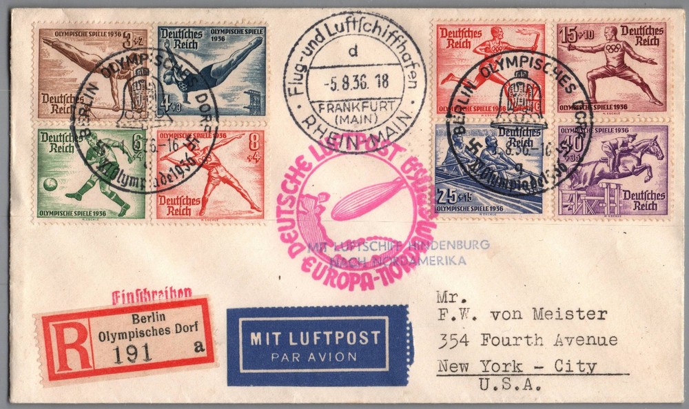 Germany 1936 Olympics Zeppelin Hindenburg Used Cover Slogan Cancel Air Mail USA