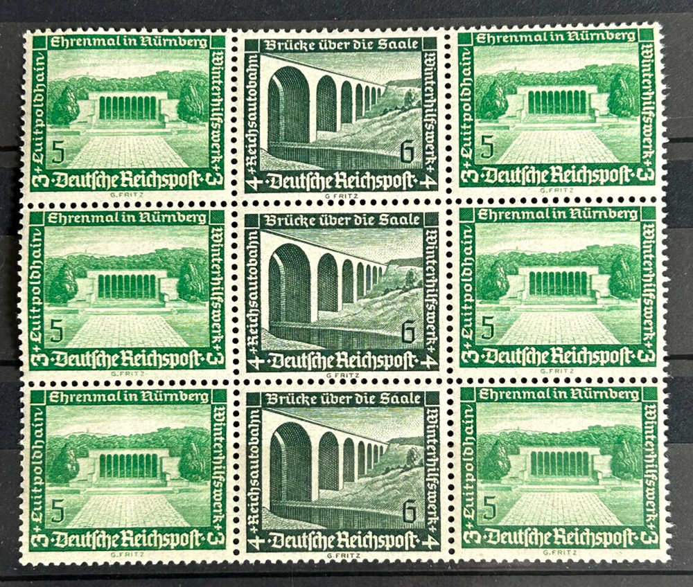 1936 German Stamps triple – Winter Relief Modern Buildings MH* Mi:DR W120 /BL35