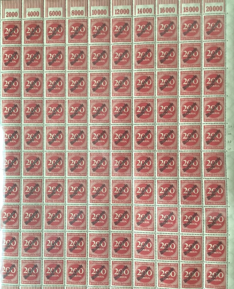 Germany 200 Mark Overprint Full Sheet MNH Inflation Era Deutsches Reich OG