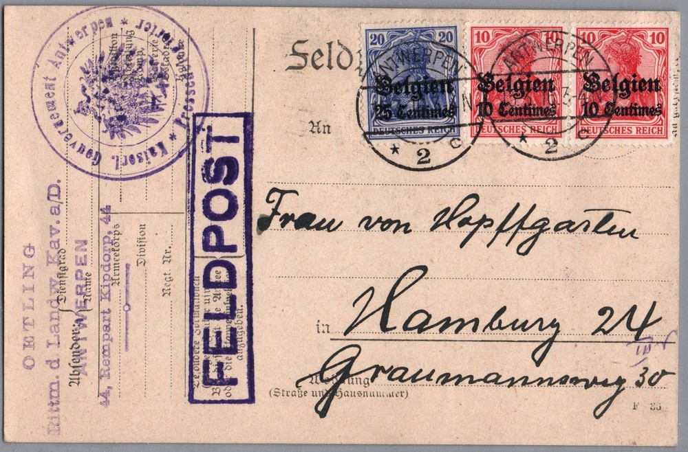 Scarce 1916 Belgium German Overprint Stamp Feldpost Occupation Postcard Cover /