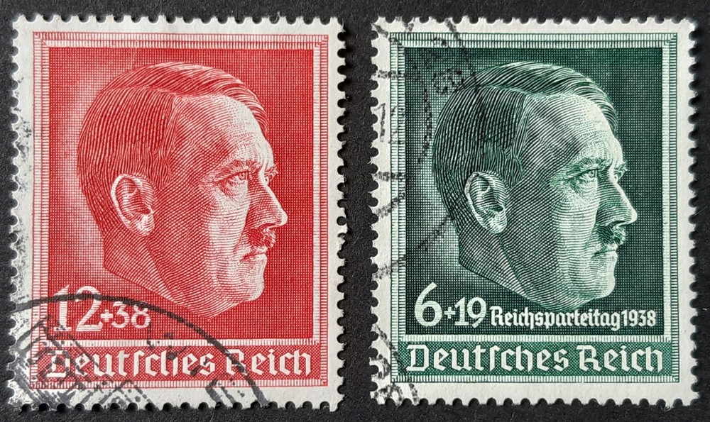 Germany Third Reich 1938 SG652 12pf+38pf carmine-red and SG660 6pf+19pf green FU