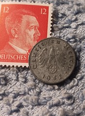 1942 German penny ~ 1 Pfenning ~ km#97 , WW2 Germany ~ + Red 12pf. Stamp
