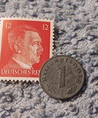 1942 German penny ~ 1 Pfenning ~ km#97 , WW2 Germany ~ + Red 12pf. Stamp