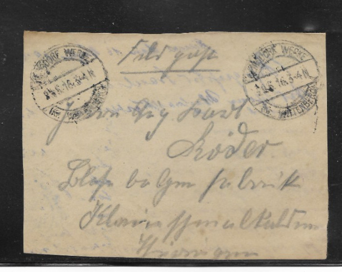 German Empire Frontline Envelope Felpost 1916 with 2 Military Post Stamp