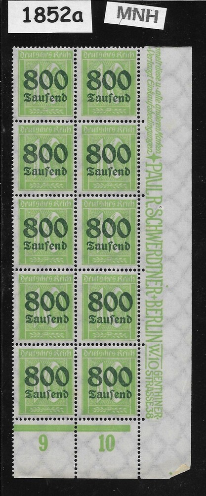 MNH stamp block Overprint 800K over PF10 Scott #262 German Republic 1923 #1852a