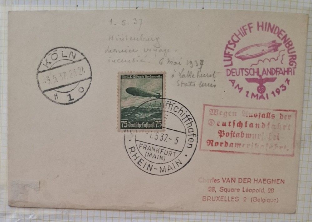 1937 Deutches reich Mi.607 LUFTCHIFF zeppelin on postcard to bruxelles.