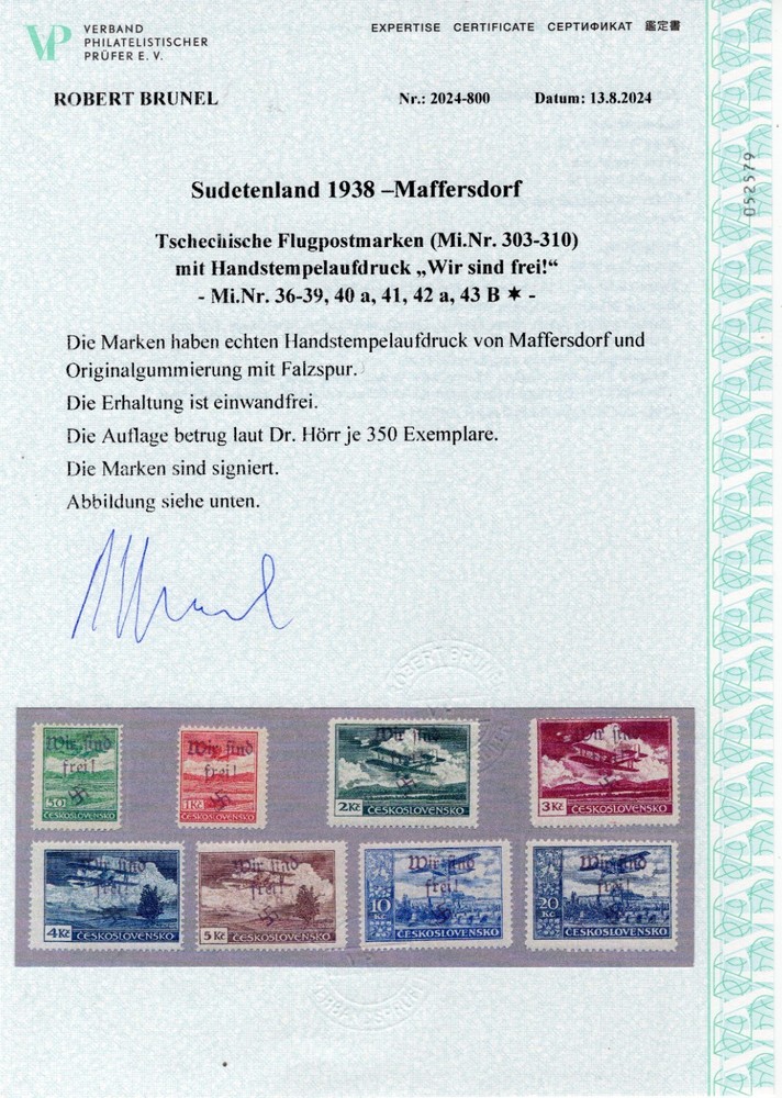 GERMANY OCC SUDETENLAND MAFFERSDORF AIRMAIL MICHEL 36-43 SUPERB MH BRUNEL CERTIF