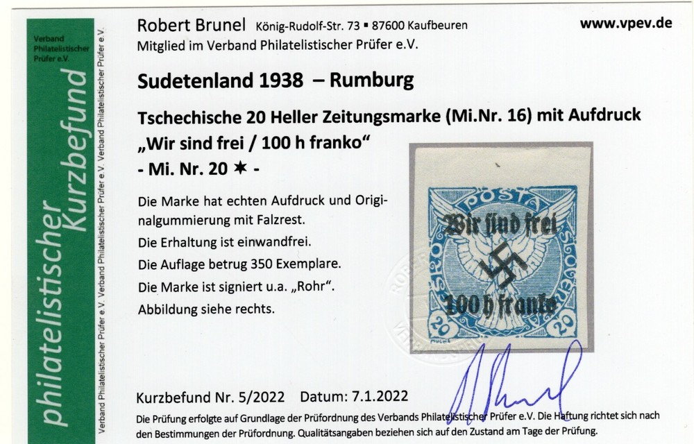 GERMANY OCCUPATION SUDETENLAND RUMBURG MICHEL 20 PERFECT MH CERTIFICATE BRUNEL