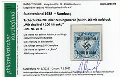 GERMANY OCCUPATION SUDETENLAND RUMBURG MICHEL 20 PERFECT MH CERTIFICATE BRUNEL