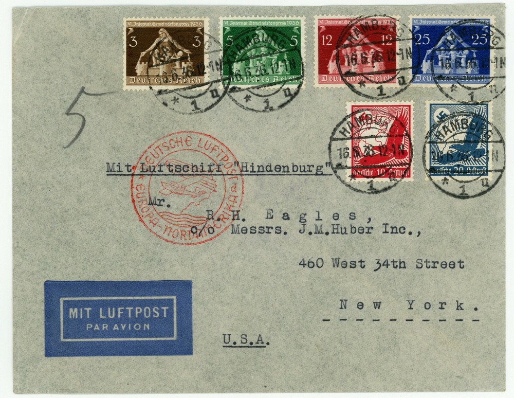 Germany to USA 1936 Airmail Cover 6th International Local Government Congress