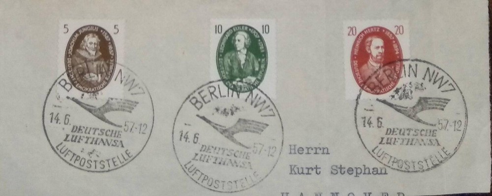 Germany Air Mail Stamp Cover Berlin Lufthansa Cancel 14.6.57 Multi-Color