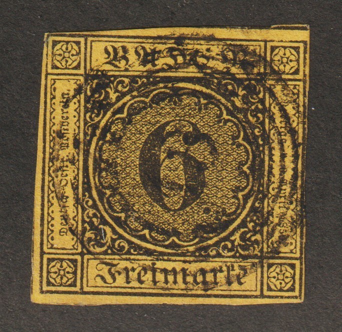 1853 German State Baden Sc# 9 – 6 Freimark. Used Est$27.50