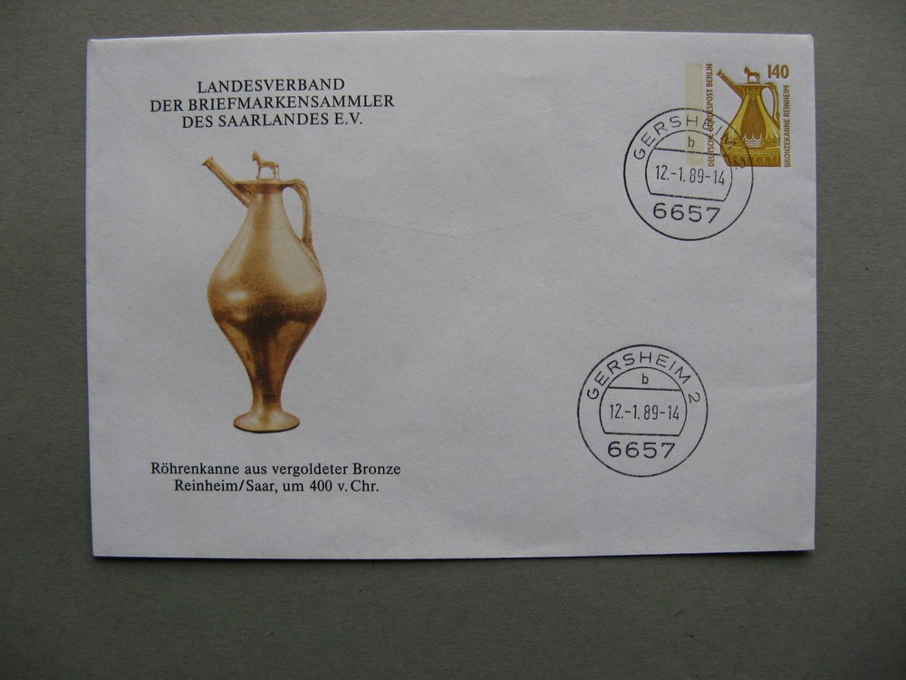 GERMANY BERLIN, privat ill. prestamped cover FDC 1989, bronze jug