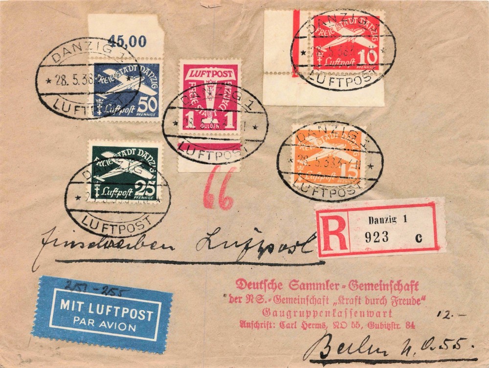 1938 Danzig Registered Airmail Cover to Berlin Kraft durch Freude Dresdner Bank