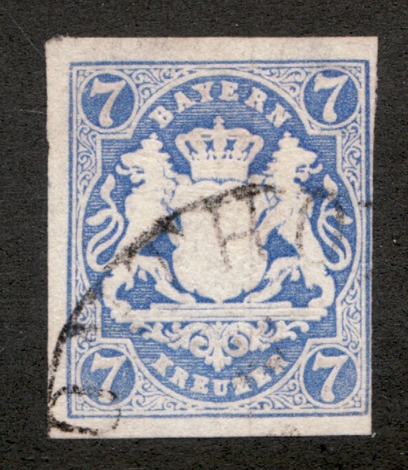 1868 German Bavaria Sc #19 – 7Kr Embossed Coat of Arms. Used stamp. Cv$16