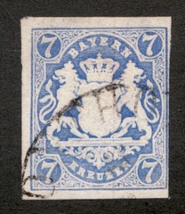 1868 German Bavaria Sc #19 – 7Kr Embossed Coat of Arms. Used stamp. Cv$16