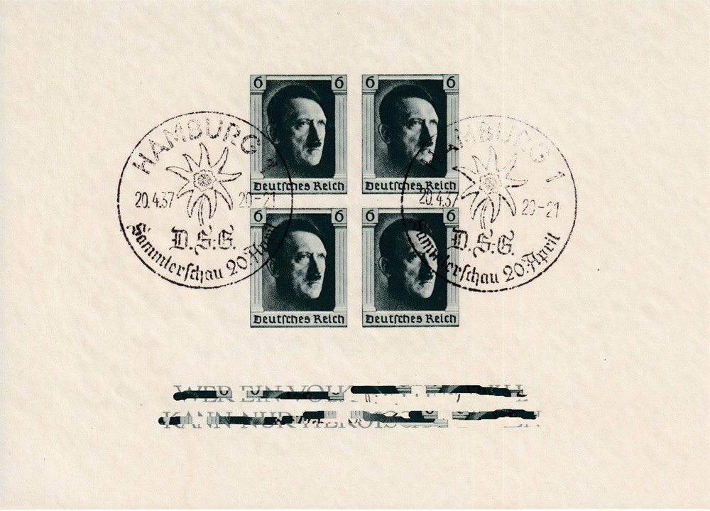 Stamp Germany Mi 647 Sc B103 1937 Sheet 3rd Reich Hamburg Hitler Imperf Used