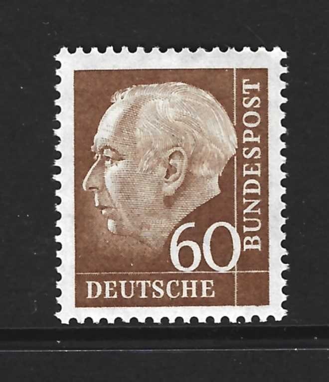 GERMANY – 1956-1957 – HEUSS DEFINITIVE – 60 PF BROWN – Scott #758 – MINT