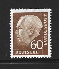 GERMANY – 1956-1957 – HEUSS DEFINITIVE – 60 PF BROWN – Scott #758 – MINT