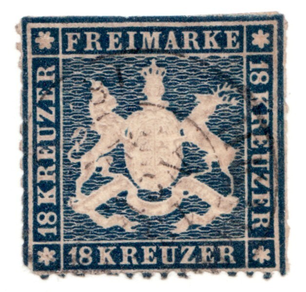 1861 German Wurttemberg Sc# 29 Coat of Arms – 18KR – Used Cv$2250 trimmed
