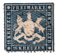 1861 German Wurttemberg Sc# 29 Coat of Arms – 18KR – Used Cv$2250 trimmed