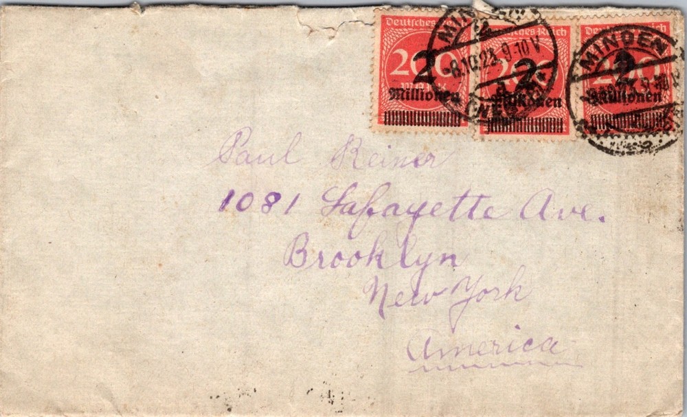 GERMANY 1923 INFLATION POSTAL COVER ADDR USA & POSTMARK MINDEN