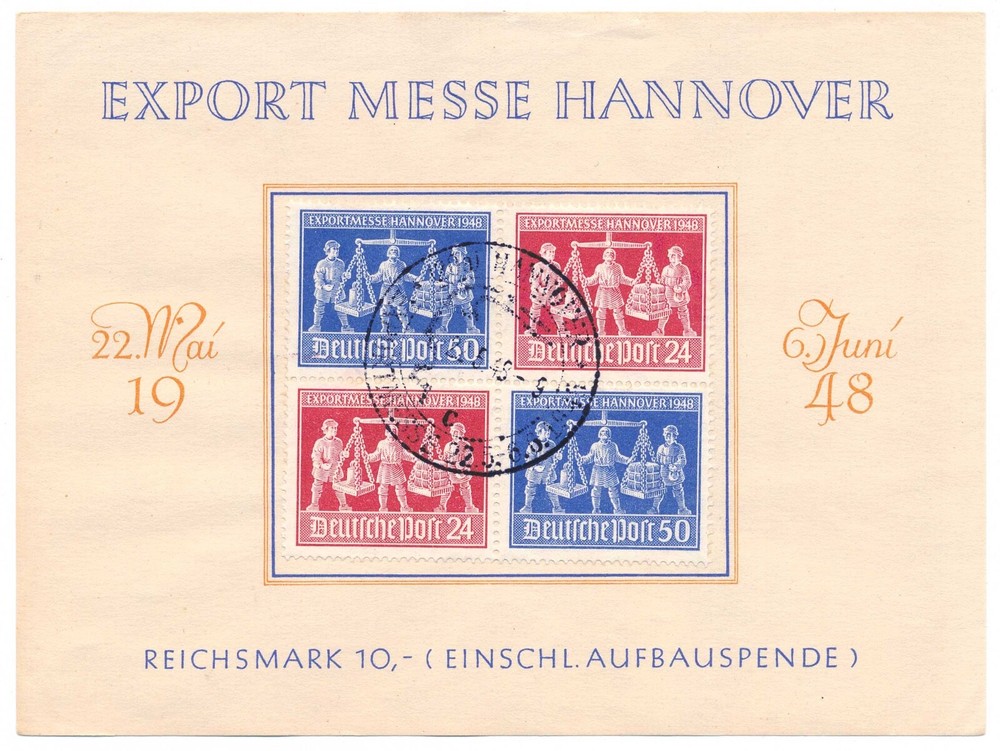 Germany Postal souvenir sheet, 585c block of 4, event cancel 1948 Hannover