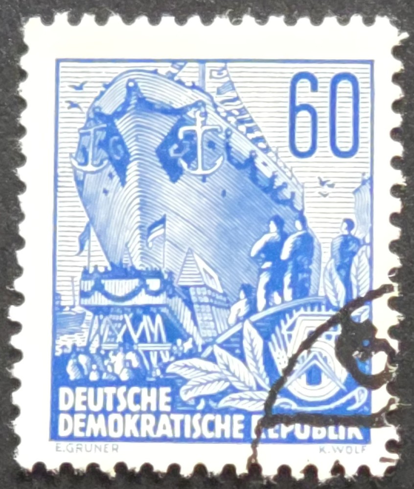 Germany DDR – 1958 Scott 256 Ship Launching Scene Blue 60pf – Stamp