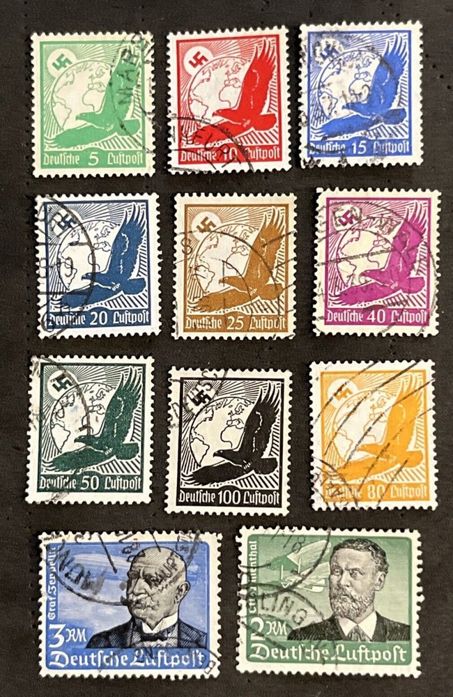 Germany Third Reich Airmail Eagle Set 5pf–100pf + Officials Used Mi 529–539
