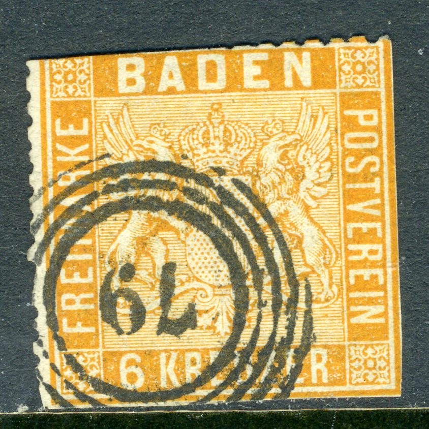 Germany 1861 Baden 6kr Orange Scott #13 VFU A392