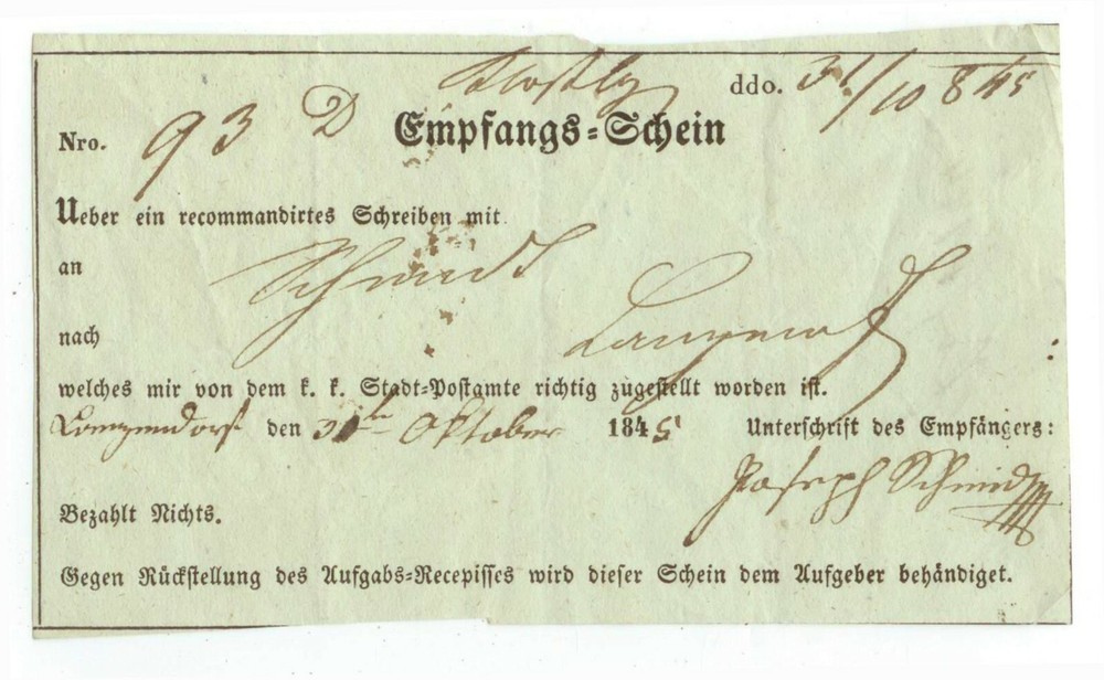 1845 German States – Austria post office receipt