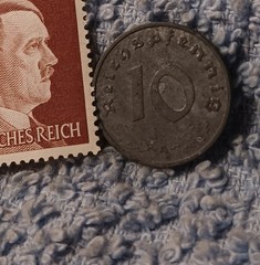 1943 German 10 Pfenning ~ km#101 , WW2 Germany ~ + 60pf. Stamp