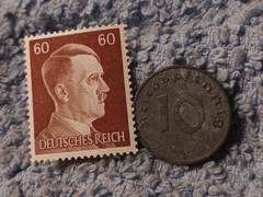 1943 German 10 Pfenning ~ km#101 , WW2 Germany ~ + 60pf. Stamp