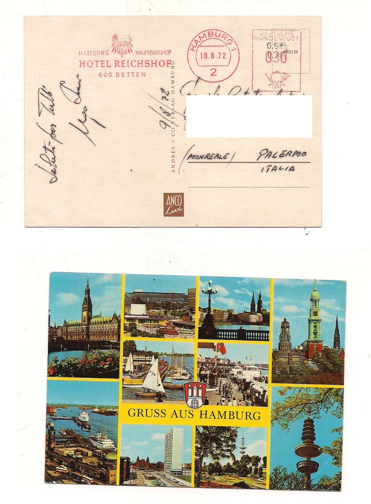 1450 GERMANY 1972 cancellation HOTEL REICHSHOP HAMBURG card
