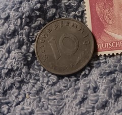 1940 German 10 Pfenning ~ km#101 , WW2 Germany ~ + 6pf. Stamp, Has Flaws