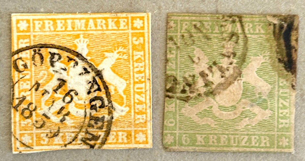 Wurttemberg 9-10 / 1857 Coat of Arms Embossed Stamps / Used