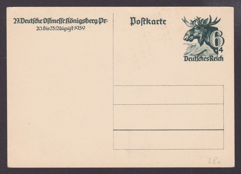 GERMANY 1939, Pre-stamped postcard Mi #P280, Unused