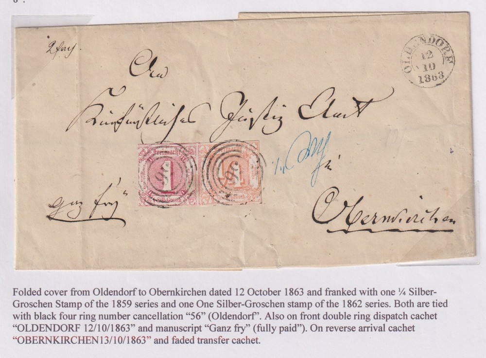 Thurn&Taxis 1863 mixed franked folded cover Oldendorf to Obernkirchen