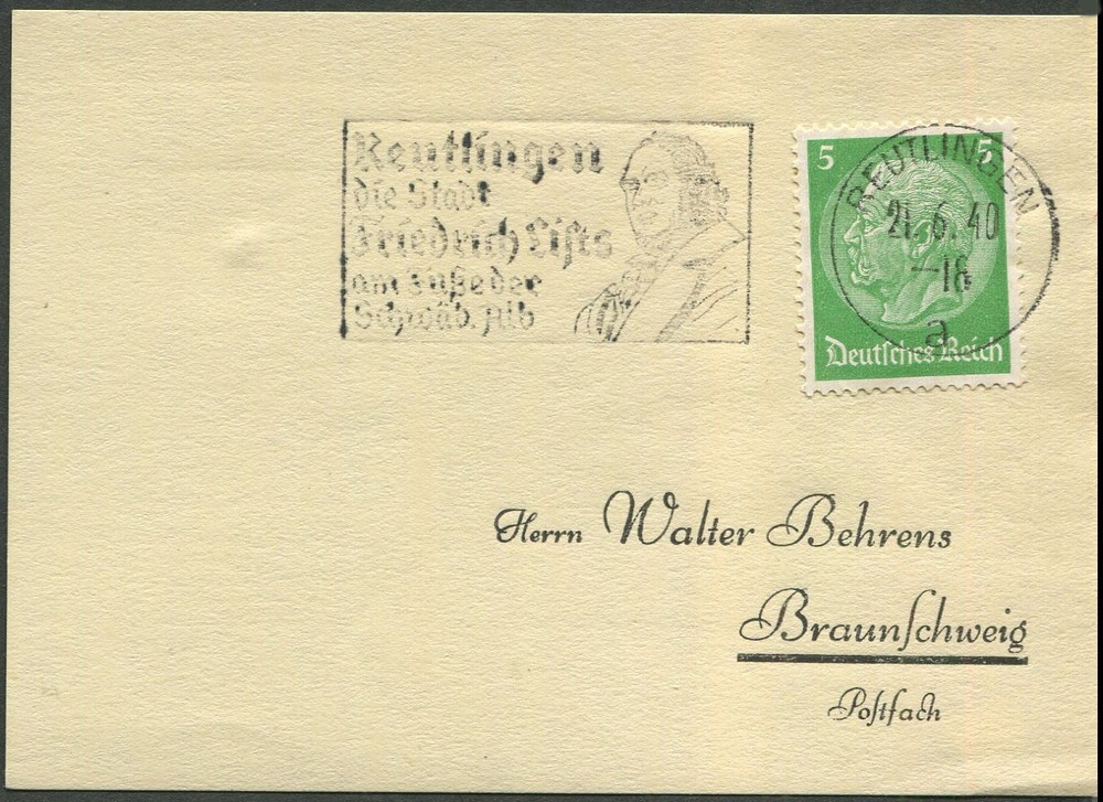 Germany Reutlingen 1940 Friedrich List Cachet Postmark Card Sonderstempel WWII